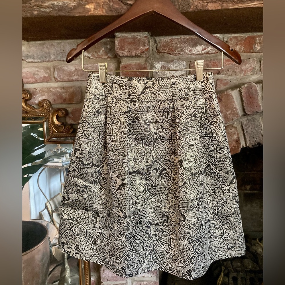 REVIEW Australia Black & Silver Brocade Paisley A-Line Skirt Resort Retro Luxury